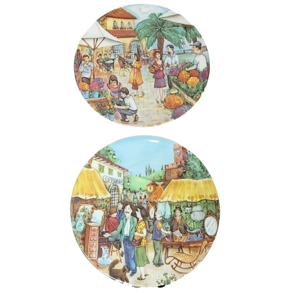 BRUNELLI Set of 2 Italian Market Scene 8 1/4" Plates Made in Italy